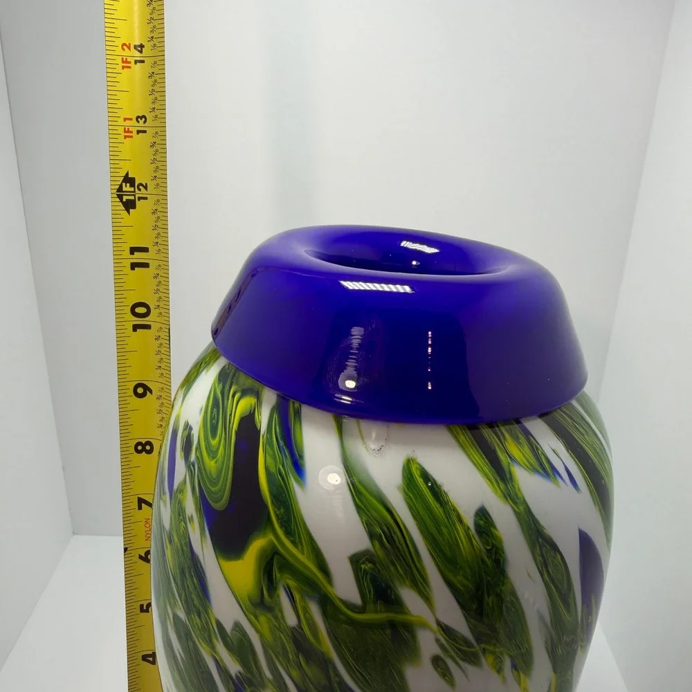 Hand Blown Studio Art Glass Vase Cobalt Green Yellow Swirl White 11 Inch
